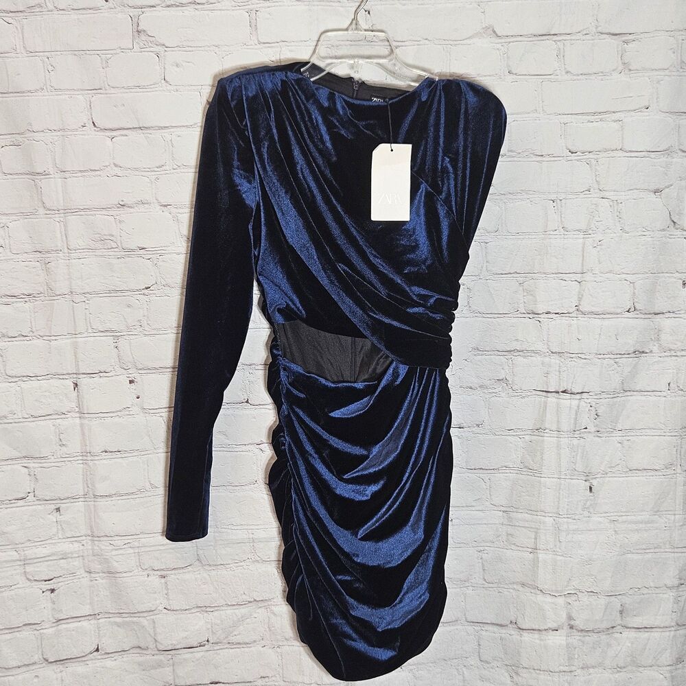 NWT Zara Navy Blue Velvet Ruched Cutout Bodycon Party Mini Dress Size M
